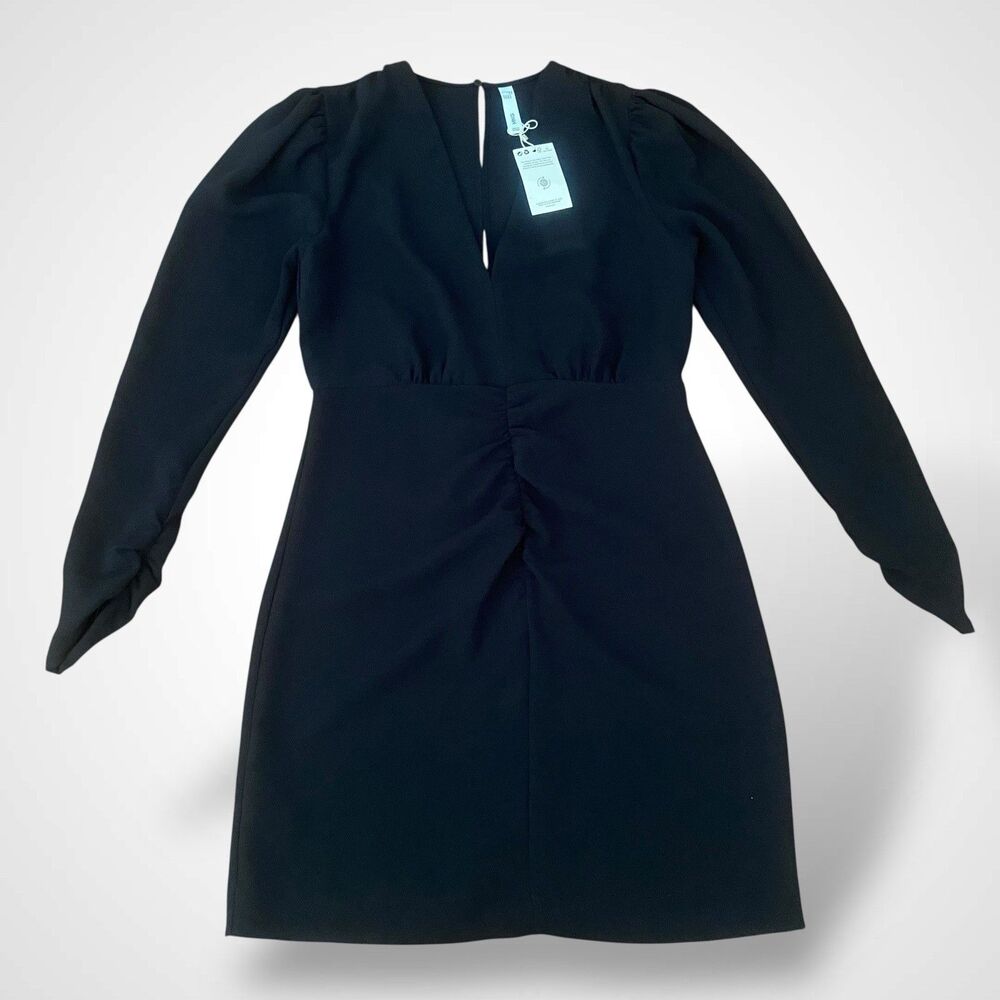 MNG by Mango Black Dress Women's Size M Short Ruched Long Sleeve Deep V Neck - Picture 6 of 12